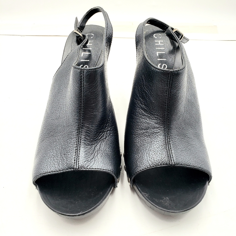 Chilis Leger Studded Peep Toe Heels Womens 9.5 Black Buckle Sling Back 4 Inch - Picture 2 of 8
